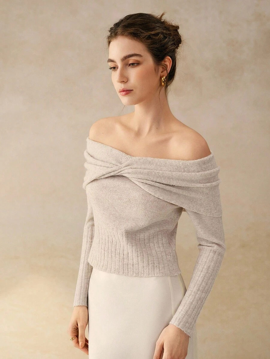 Cévolie Women's Solid Color Twist Knot Off Shoulder Long Sleeve Sweater, Fashionable For Autumn