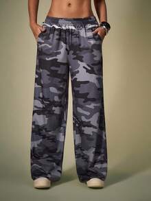 Y2Kool Vecteezy 女士迷彩印花宽松抽绳腰带运动裤阔腿裤迷彩裤女宽松裤女休闲时尚服装系列新年穿搭 - 深灰色 - 查看 4