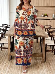 EMERY ROSE 2pcs/Set Floral Print Plus Size Women Top & Pants Set - Multicolor - View 4