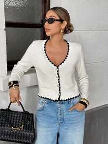 Pariaura Women's Elegant V-Neck Contrast Binding Button Cardigan, Autumn