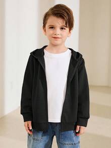 儿童/青少年男孩休闲日常百搭舒适拼接连帽长袖开衫夹克 - 黑色 - 查看 5