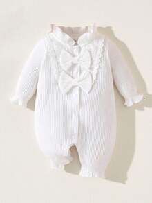 SHEIN 女嬰荷葉邊喇叭袖前蝴蝶結連身褲 - 白色 - 查看 1