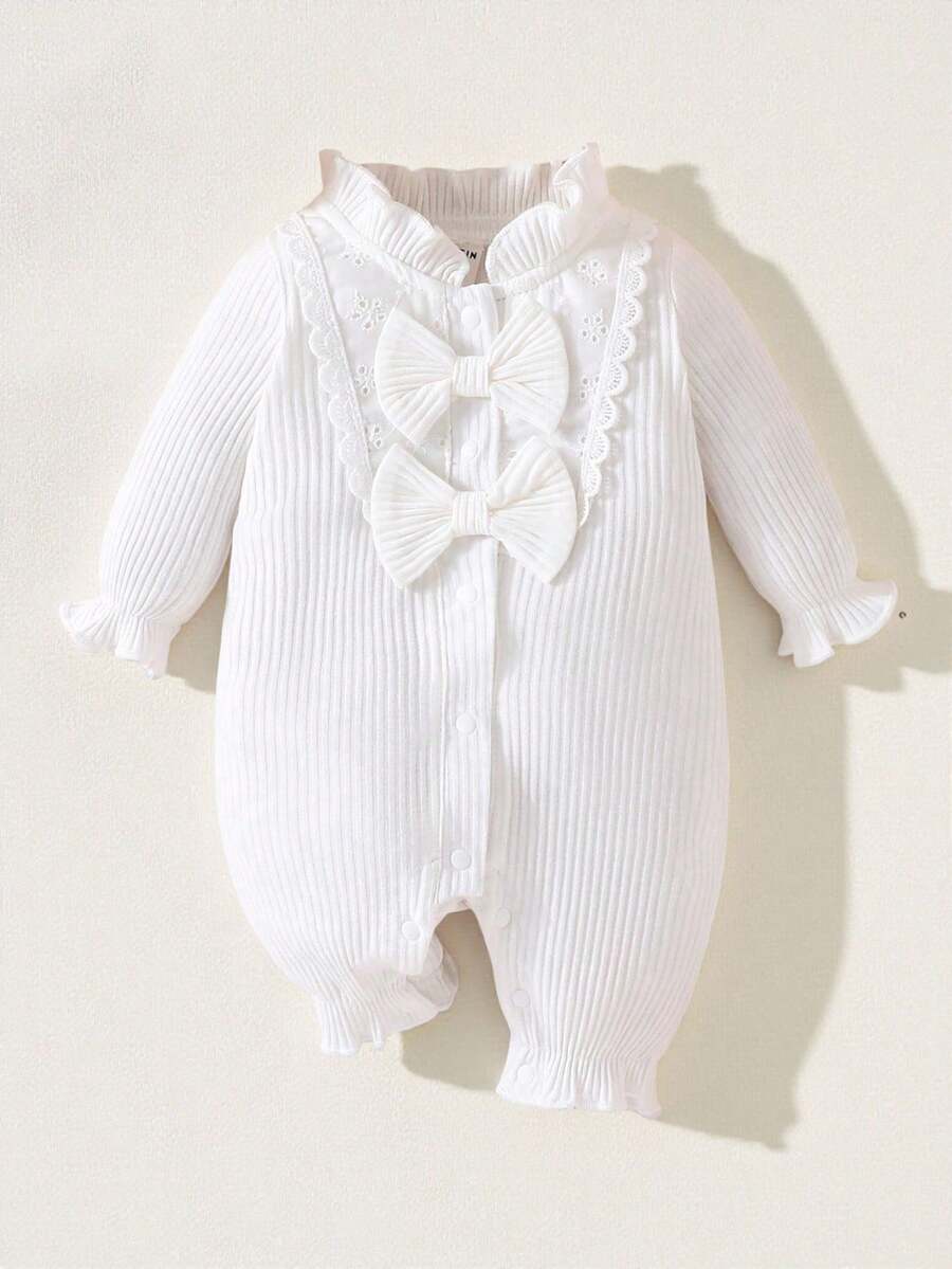 SHEIN 女嬰荷葉邊喇叭袖前蝴蝶結連身褲 - 白色 - 查看 1