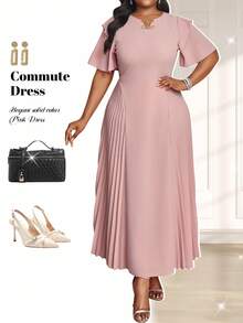 Fleurora Spring And Summer Elegant Commuting Office Party Wedding Cocktail Party Concert/Music Festival White Woven Chiffon Round Neck Flared Lace Up Pleated Quarter Sleeves Plus Size Dresses Elegant Women Dresses Classy Outfits,Formal Dresses For Women - Pink - View 1