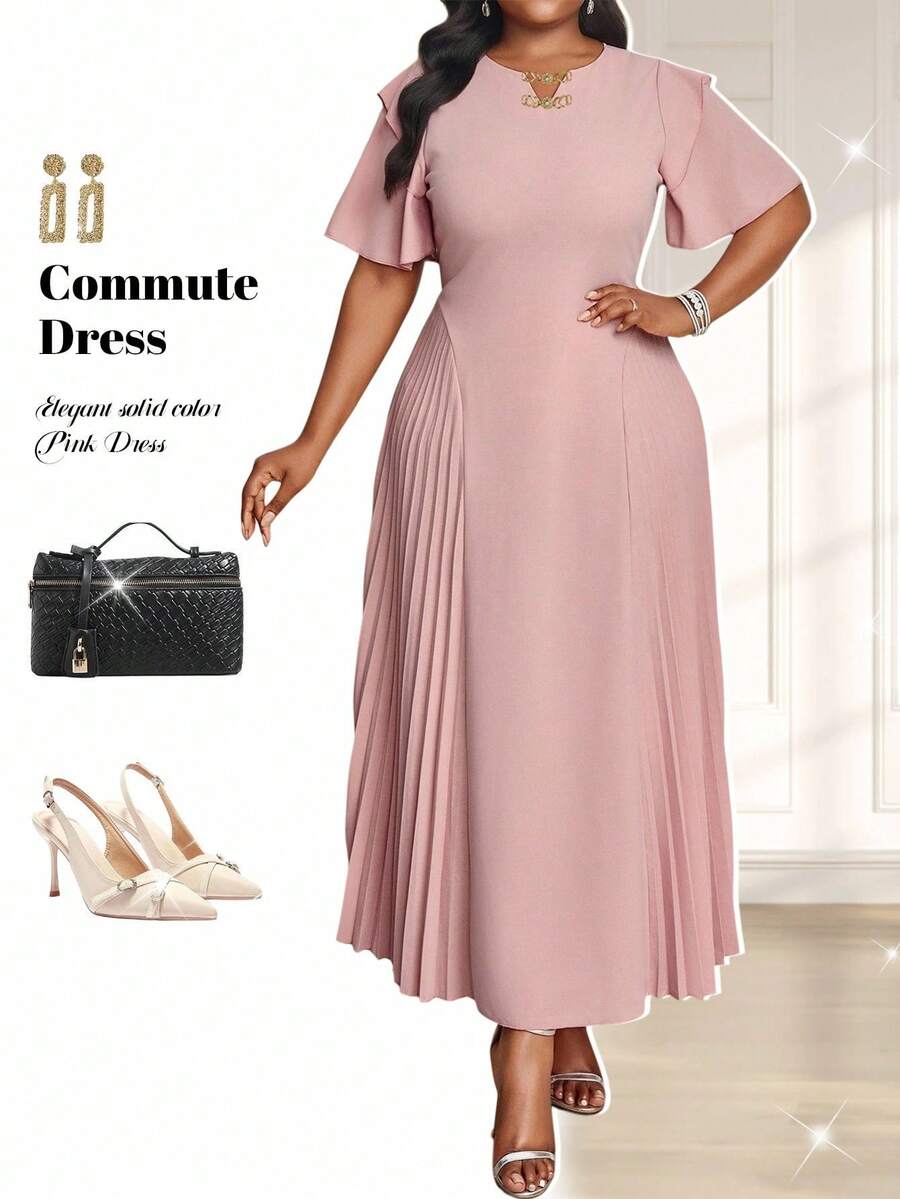 Fleurora Spring And Summer Elegant Commuting Office Party Wedding Cocktail Party Concert/Music Festival White Woven Chiffon Round Neck Flared Lace Up Pleated Quarter Sleeves Plus Size Dresses Elegant Women Dresses Classy Outfits,Formal Dresses For Women - Pink - View 1