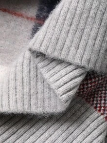 DAZY 复古撞色格子宽松V领长袖休闲街头风格女式毛衣，秋冬 - 灰色 - 查看 7