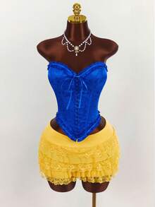 Amplova Bộ 2 món áo crop top cạp chun kim loại và quần short ren lưới mini cho nữ - Nhiều màu - Xem 3