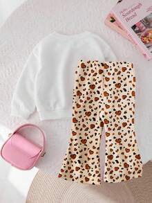 Conjunto de 2 piezas de sudadera de cuello redondo con estampado de conejo y lazo de leopardo, y pantalones acampanados con estampado de corazón de leopardo, para niñas, estilo casual y elegante, para otoño/invierno