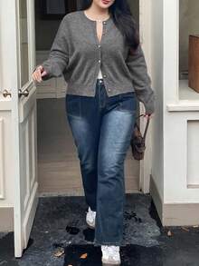 Dazy Plus Plus Size Women's Solid Color Round Neck Button Up Loose Long Sleeve Cardigan Sweater, Autumn/Winter