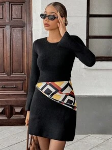 Pariaura Backless Lace-Up Women's Knitted Sweater Dress, Elegant Bowknot A-Line Knit Dress For Autumn/Winter - Black - View 3