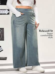 Flexra Plus Size High Stretch Knit Wide Leg Boyfriend Jeans - Dusty Blue - View 4