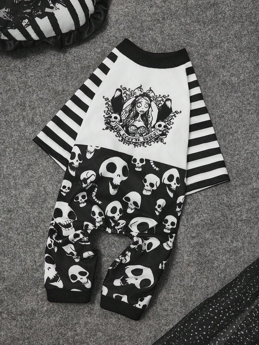 Corpse Bride X SHEIN 1pc Cartoon Graphic Pet Jumpsuit, Loungewear, Sleepwear, Cat/Dog Outfit, Size XXS-XXXXL, Gothic, Love, Victorian Era, Goth - Black and White - View 1