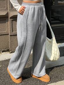 Dazy Plus Elastic Waist Loose Casual Thermal Lined Thick Long Pants For Plus Size Women, Autumn/Winter