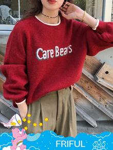 SHEIN X Care Bears FRIFUL 女式宽松字母图案落肩毛衣 - 紅色 - 查看 5