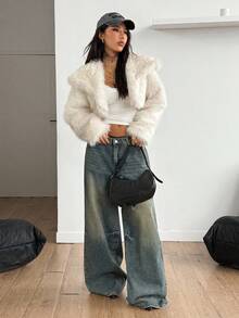 Coolane 女士秋冬街头风 Y2K 日常装 简约约会夜 休闲复古风 温暖毛茸茸的白色翻领宽松短款人造皮草大衣 - 白色 - 查看 4