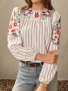 Wildy 新款秋季刺绣美式乡村休闲花卉条纹印花圆领长袖教师工作衬衫，牛仔西部衬衫 - 彩色 - 查看 3