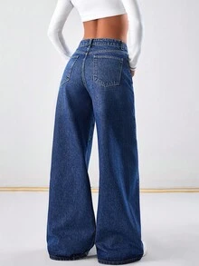 EURMUSE Mid Waist Dark Washed Wide Leg Jeans - Dark Wash - View 2