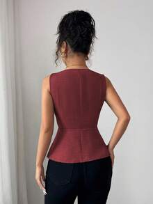 Elenzga 新款时尚金属扣设计 V 领无袖上衣，收腰，百搭，适合女性，夏季