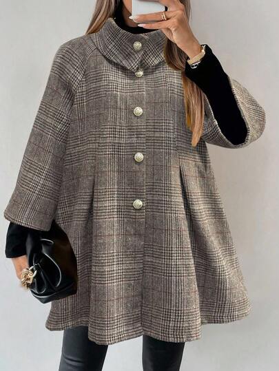 LanaWest Chaqueta suelta de lana de moda otoño/invierno nueva, elegante y de estilo casual bohemio, con cuello alto, solapa con botón de metal, dobladillo suelto y mangas 3/4, para el Día de Acción de Gracias y Halloween