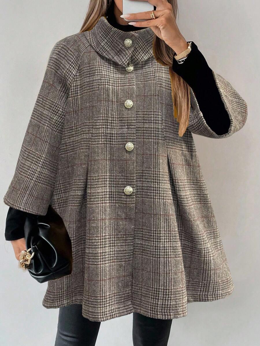 LanaWest 女士灰色可追溯格子面料高领翻领金属纽扣设计宽松下摆 3/4 袖优雅经典感恩节万圣节街头休闲波西米亚风秋冬新款时尚宽松羊毛夹克 - 灰色 - 查看 1