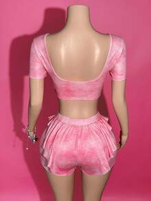 Slaydiva 2025 Spring/Summer New Casual Daily Home Personalized Street Fashion Retro Pink Ombre Snowflake Textured Knit Drawstring Adjustable V-Neck Backless Short Sleeve T-Shirt With Ruffle Hem Shorts Set - Pink - View 2