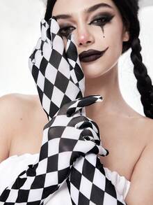 ROMWE Grunge Punk 1 Pair Punk Style Black & White Plaid Pattern Fingerless Gloves, Y2K Sexy High-Quality Long Gloves, Niche Design Fashion Elastic Gloves - Multicolor - View 3