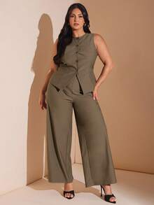 SHEIN BAE Plus Size Women's Brown Suit Set - Vest And Pants, Autumn/Winter/Early Autumn/Back To School/Going Out /Festival Outfits Women/Autumnfall/Wedding Guest Dress Women Plus Size/Formal Dresses For Women/Dresses For Women Elegant/Summer Dresses /Birthday Dress/Homecoming Dress/Off Shoulder Dress/Halloween Costume/Club Outfits Women Sexy/Christmas/Plus Size Suit/Office Set - Brown - View 4