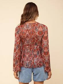Coeurva Holiday Paisley Print Tie Front Ruffle Hem Women's Summer Shirt - Multicolor - View 4