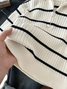 SHEIN LMoss Kids Young Boys' Autumn/Winter High Collar Striped Zip-Up Cardigan Sweater, Versatile For Home, School, Outings, Beige & Black Fall