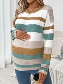 SHEIN 孕妇休闲宽松条纹圆领落肩长袖毛衣，秋季孕妇毛衣女毛衣针织毛衣秋季毛衣女条纹毛衣 - 彩色 - 查看 5
