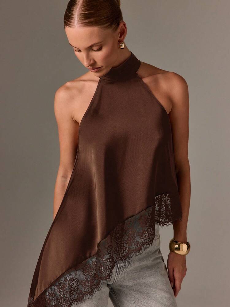 Satin High Neck Top With Lace Trim