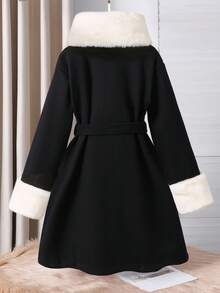 Sparklyn 1pc Tween Girls Overcoat, Elegant Refined Buttoned Lapel Mid-Length Belted Coat With Fur Collar, Suitable For Autumn/Winter Fall - Black - View 2