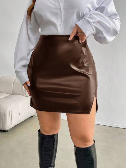 Firerie 大码女式优雅PU皮革短裙，侧开衩，休闲舒适，适合秋冬季
