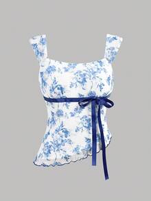 SHEIN Girlism 少女花卉印花针织网眼上衣和纯色迷你裙两件套，休闲 - 藍白色 - 查看 7