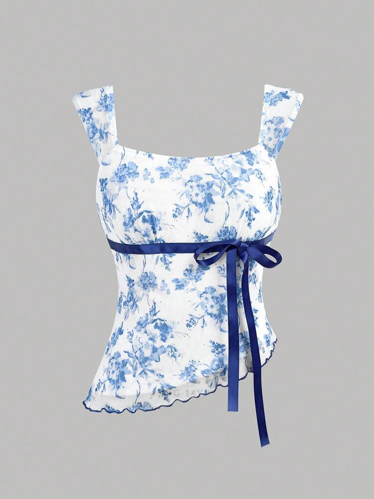 SHEIN Girlism 少女花卉印花针织网眼上衣和纯色迷你裙两件套，休闲 - 藍白色 - 查看 7