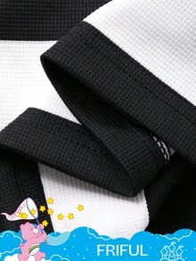 SHEIN X Care Bears FRIFUL Women's Loose Fit Polo Collar Letter Graphic Striped Long Sleeve Casual T-Shirt - Black and White - View 7