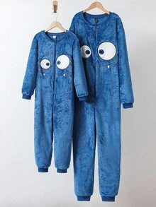 Snug Zone Men's Funny Monster Expression Fleece Blue Furry Long Sleeve Zipper Front Jumpsuit, Cute Graphic Design, Ideal For Fathers To Match With Kids In Winter For Playful Interaction, Fall Winter Funny Fluffy Pajamas, Cozy - Blue - View 7