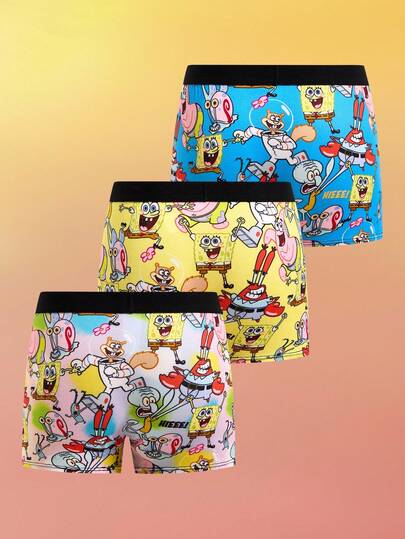 SpongeBob SquarePants | SHEIN 3pcs Tween Boy Cool Boy Soft & Comfy Cute Cartoon Printed Underwear,Basic Casual Briefs Fall Winter Boxers For Kids Cartoon Boxers
