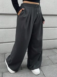 Dazy Plus Quần dài công sở dáng rộng ống đứng kẻ sọc cỡ lớn cho nữ, trang trí dây rút, thường ngày, thu đông - Màu xám đen - Xem 1