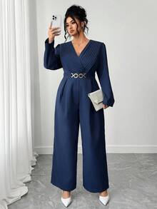 Elenzga Bộ đồ liền thân dài xếp ly thanh lịch màu trơn cỡ lớn dành cho nữ, bộ đồ liền thân dài thon gọn khi đi làm và dự tiệc, mùa thu/đông - Màu xanh lam - Xem 5