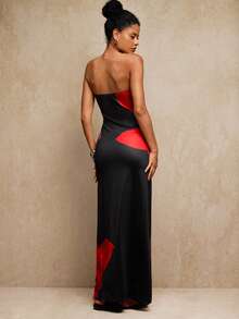 Travachic Elegant Floral Print Beaded Decor Tube Dress,Black And Red Strapless Summer Party Dress For Women,Luxury Prom Graduation Wedding Guest Outfits - Black - View 2