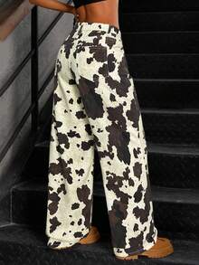 SHEIN Teen Girls Low Waist Loose Milk Texture Pocket Wide Leg Casual Jeans, Western Style For Girls Cow Print Pants Wide Leg Cow Print Pants,Casual Collegiate Style Comfortable Fashion Minimalist Practical Versatile Soft Cotton Fabric,Suitable For Daily, School, Travel, Outdoor Activities,Girls Fall Winter Back To School Homecoming Outfits