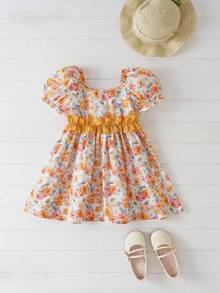 Joliand Joliand فستان أنيق ذو أكمام منفوخة بطراز زهري وفيونكة كبيرة للفتيات الصغيرات، مناسب للتجمعات، والخروجات، والزفاف، والحفلات، الصيف - متعدد الألوان - مشاهدة 1