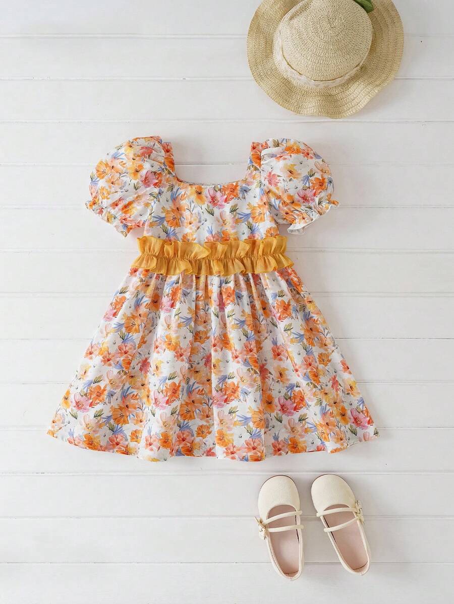 Joliand Joliand فستان أنيق ذو أكمام منفوخة بطراز زهري وفيونكة كبيرة للفتيات الصغيرات، مناسب للتجمعات، والخروجات، والزفاف، والحفلات، الصيف - متعدد الألوان - مشاهدة 1