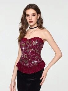 ROMWE EDITION Women's Vintage Witch-Inspired Lace Patchwork Sequin Tube Top, Burgundy - Burgundy - View 2