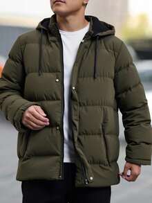 SHEIN Cottnline Men Fur Lining Warm Patched Hooded Regular Wintercoat - Army Green - View 1