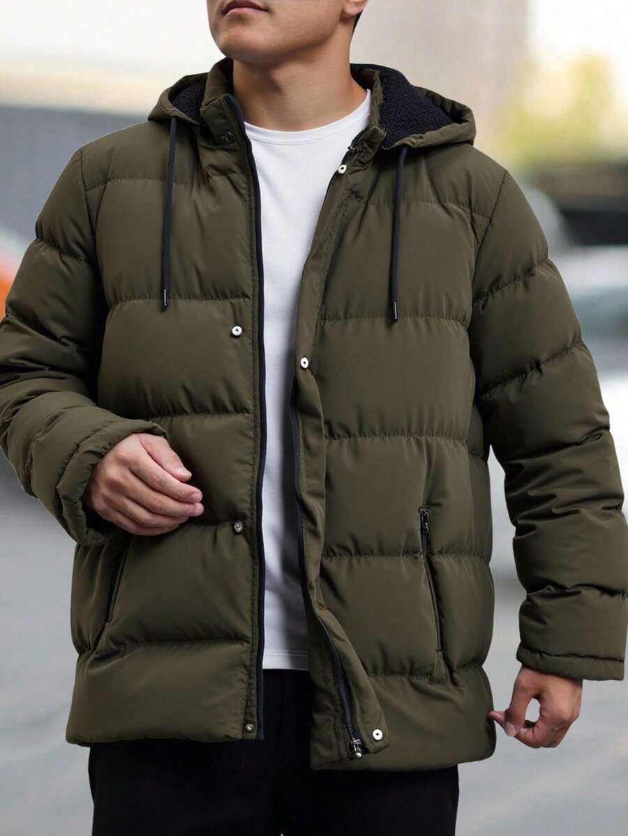 SHEIN Cottnline Men Fur Lining Warm Patched Hooded Regular Wintercoat - Army Green - View 1