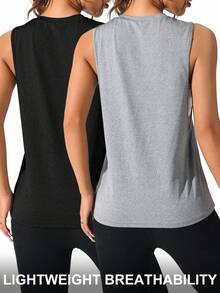 Easithlete 女式字母条纹圆领休闲健身运动背心 - 彩色 - 查看 2