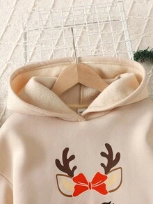 SHEIN 青少年女孩休闲圣诞驯鹿图案蝴蝶结和绒球装饰宽松连帽衫和黑色紧身裤套装，适合圣诞节、日常、派对、学校、杏色、卡其色 - 杏色 - 查看 5