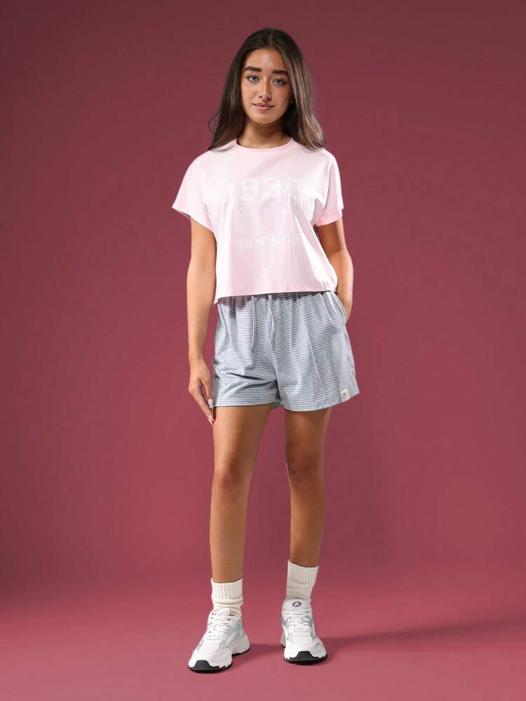 Cropped T-Shirt And Striped Shorts Wear Set